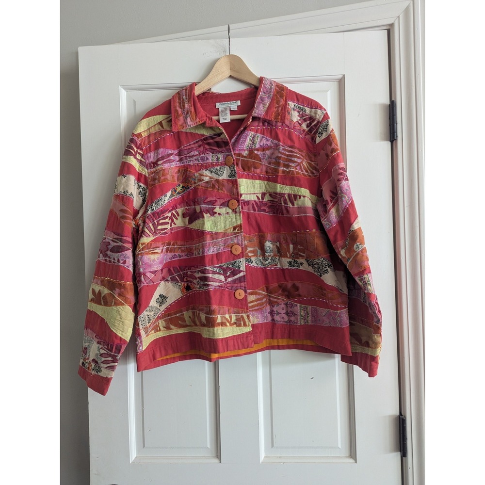 Coldwater Creek Patchwork Blazer Jacket Size XL Art To Wear Lagenlook Coat Y2k